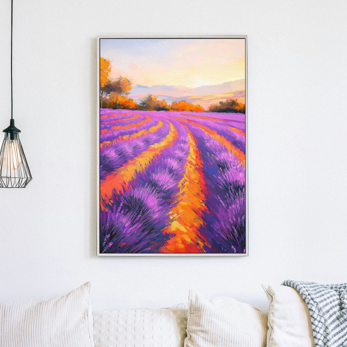 Impressionist wall art of a lavender field at sunset with vibrant purple and orange hues, evoking a dreamy summer landscape.