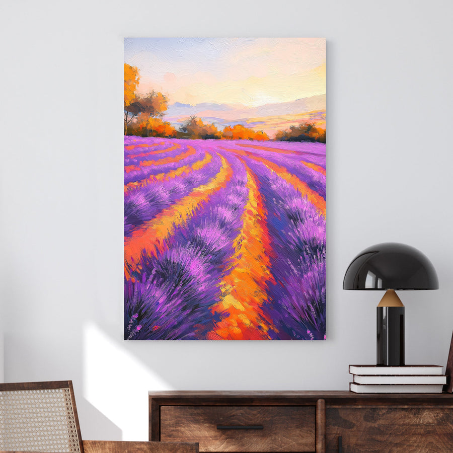 Impressionist wall art of a lavender field at sunset with vibrant purple and orange hues, evoking a dreamy summer landscape.