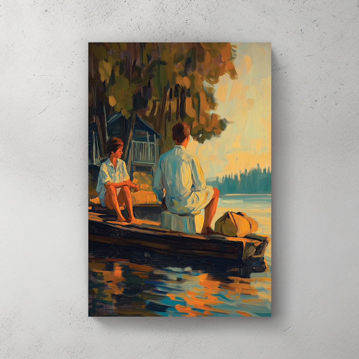 Oil-style wall art of a couple sitting on a wooden dock at sunset, with reflections on the water and a rustic cabin in the background.