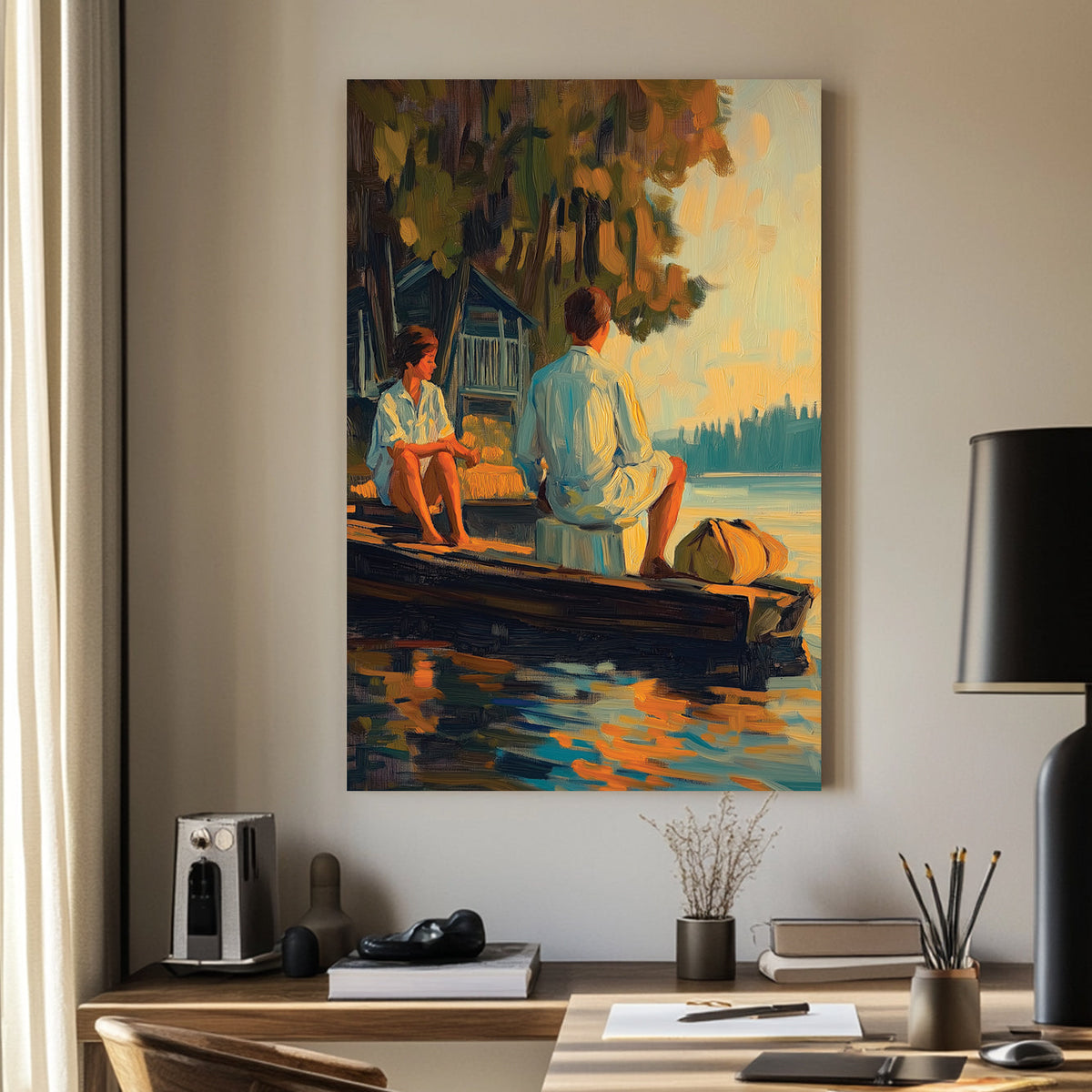 Oil-style wall art of a couple sitting on a wooden dock at sunset, with reflections on the water and a rustic cabin in the background.