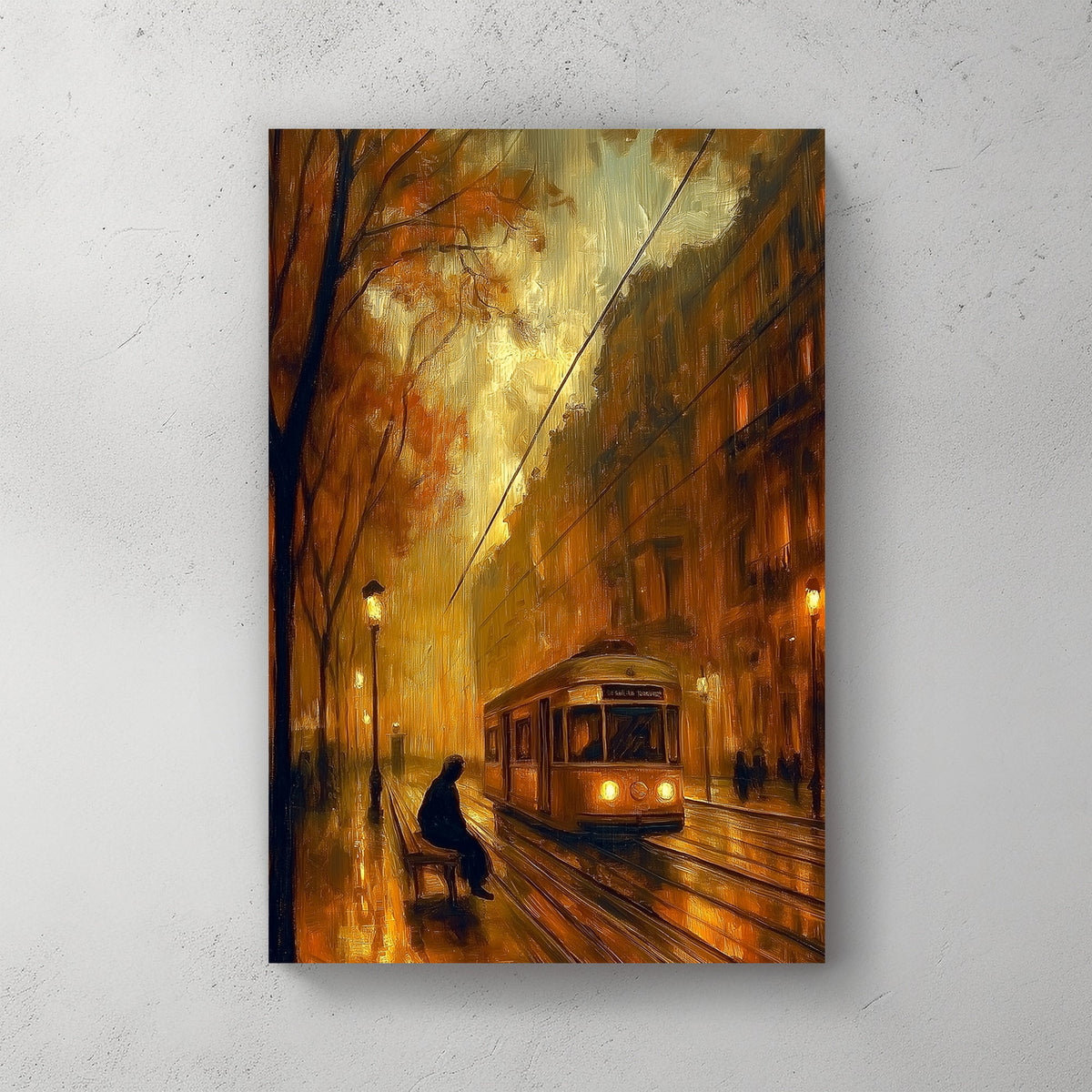 Oil-style wall art of a vintage tram approaching on a rainy city street at night, with a lone figure waiting on a bench under glowing streetlights.