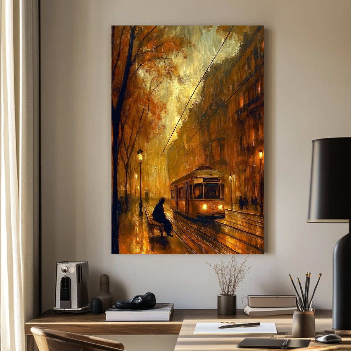 Oil-style wall art of a vintage tram approaching on a rainy city street at night, with a lone figure waiting on a bench under glowing streetlights.