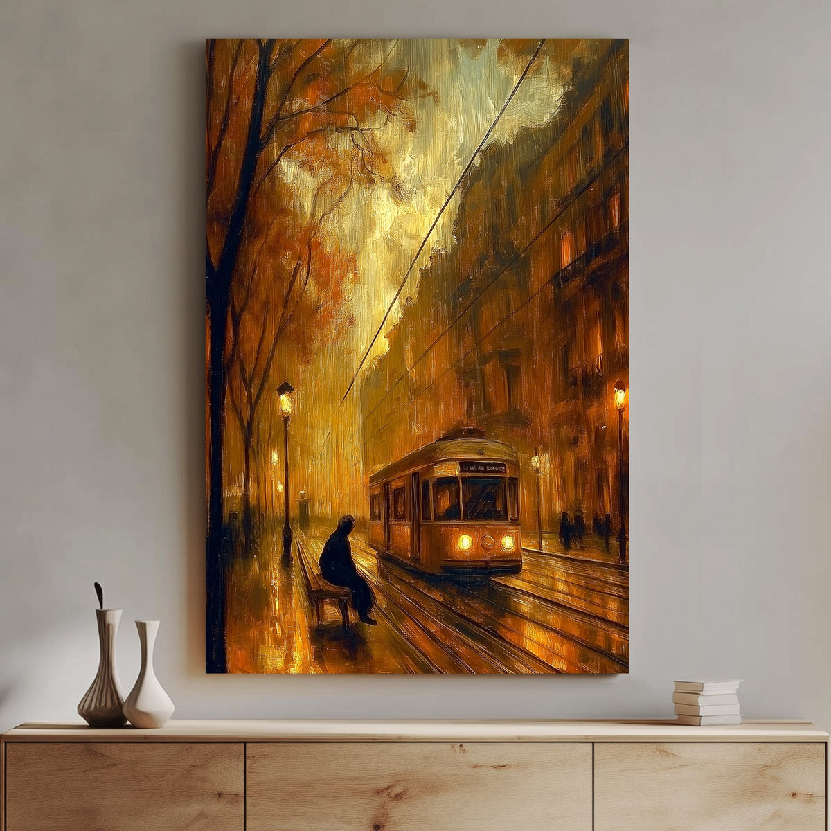 Oil-style wall art of a vintage tram approaching on a rainy city street at night, with a lone figure waiting on a bench under glowing streetlights.