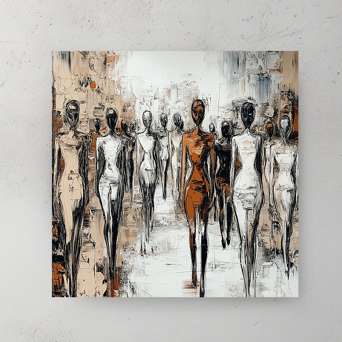 Modern abstract wall art of faceless figures walking in unison, using monochrome tones with bold brushstrokes.