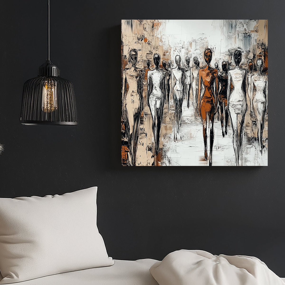 Modern abstract wall art of faceless figures walking in unison, using monochrome tones with bold brushstrokes.