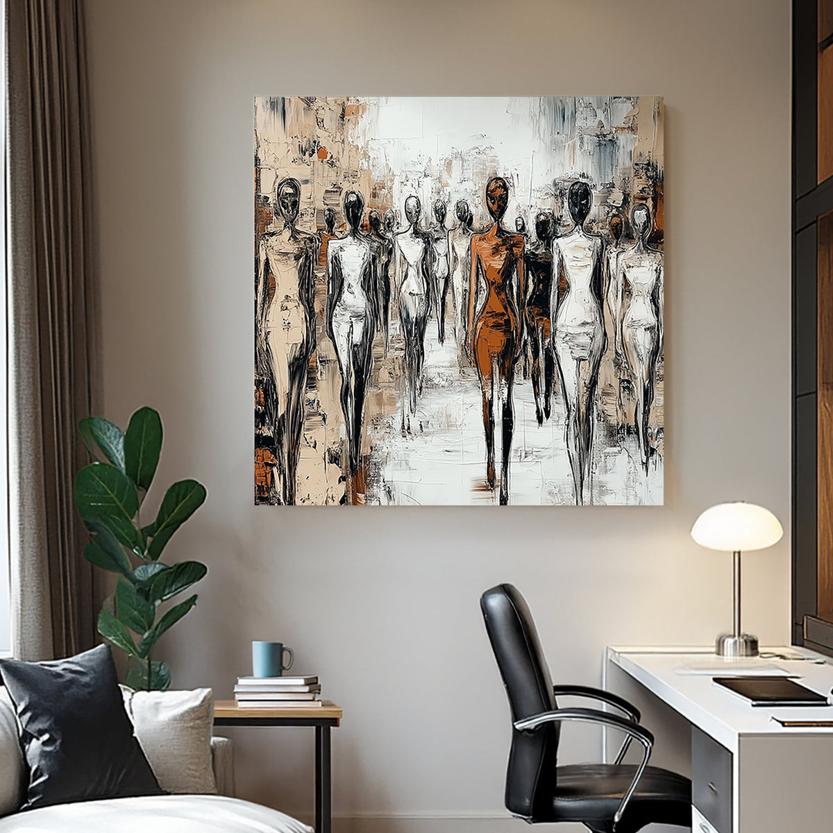 Modern abstract wall art of faceless figures walking in unison, using monochrome tones with bold brushstrokes.