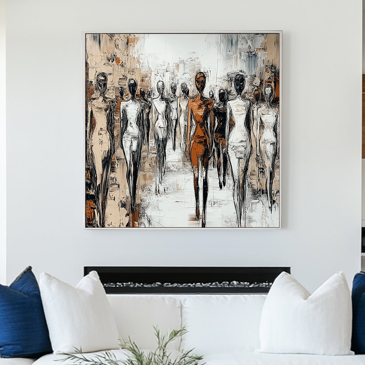 Modern abstract wall art of faceless figures walking in unison, using monochrome tones with bold brushstrokes.