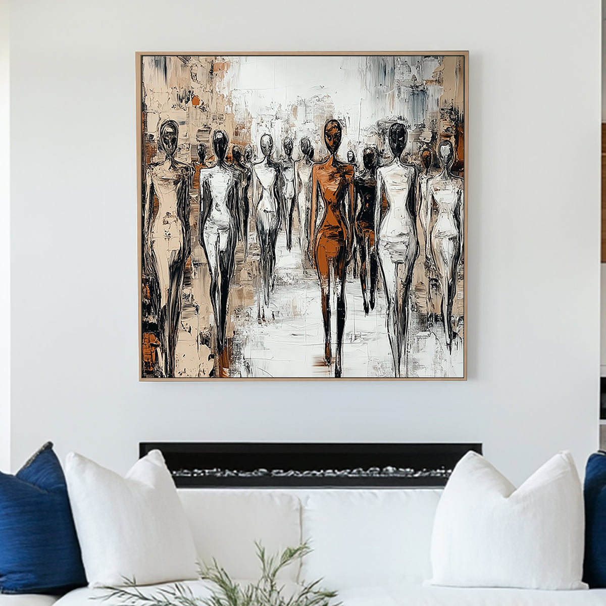 Modern abstract wall art of faceless figures walking in unison, using monochrome tones with bold brushstrokes.