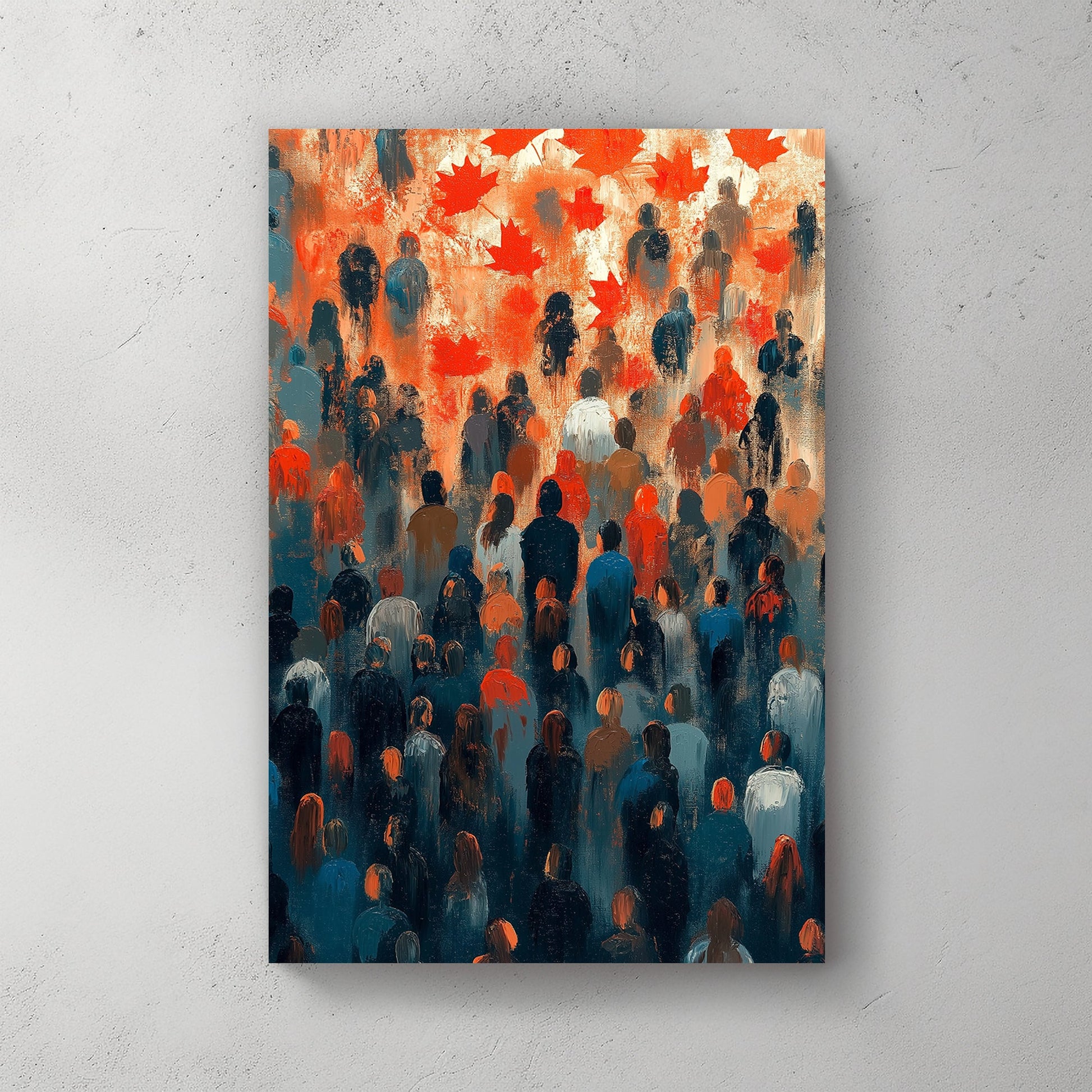 Abstract wall art of a crowd with red maple leaves overhead, symbolizing unity and national pride.