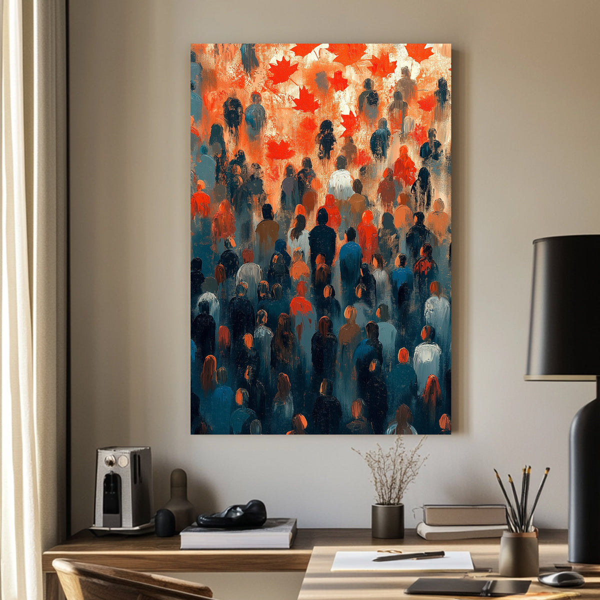 Abstract wall art of a crowd with red maple leaves overhead, symbolizing unity and national pride.