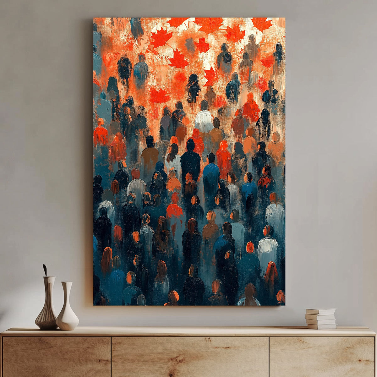 Abstract wall art of a crowd with red maple leaves overhead, symbolizing unity and national pride.