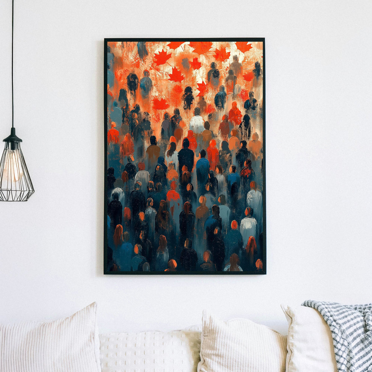 Abstract wall art of a crowd with red maple leaves overhead, symbolizing unity and national pride.