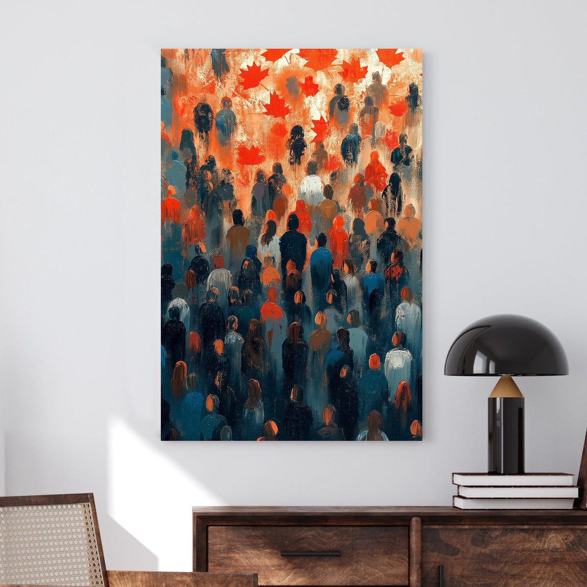 Abstract wall art of a crowd with red maple leaves overhead, symbolizing unity and national pride.