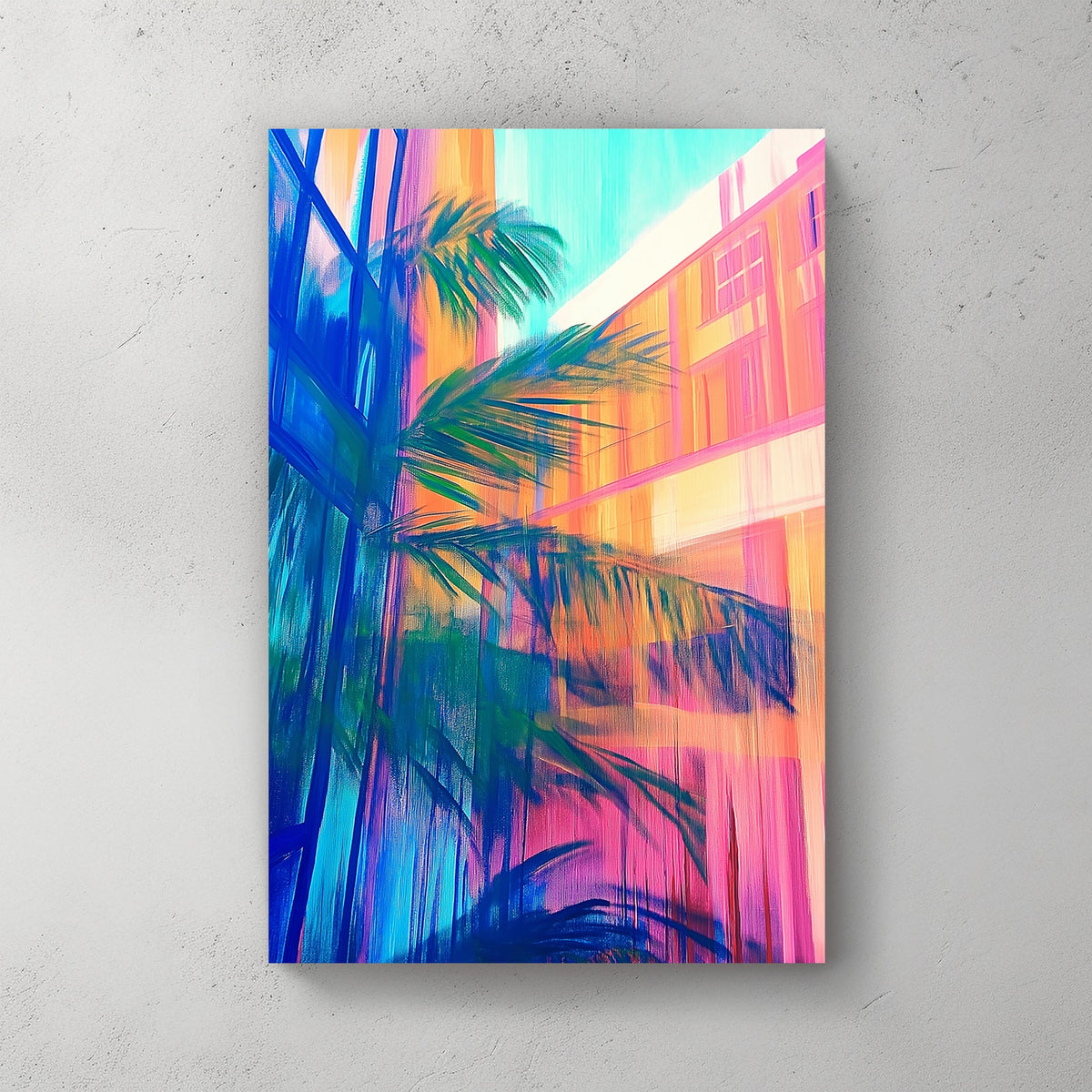 Abstract neon wall art of palm leaves reflecting against colourful city buildings and glass windows.