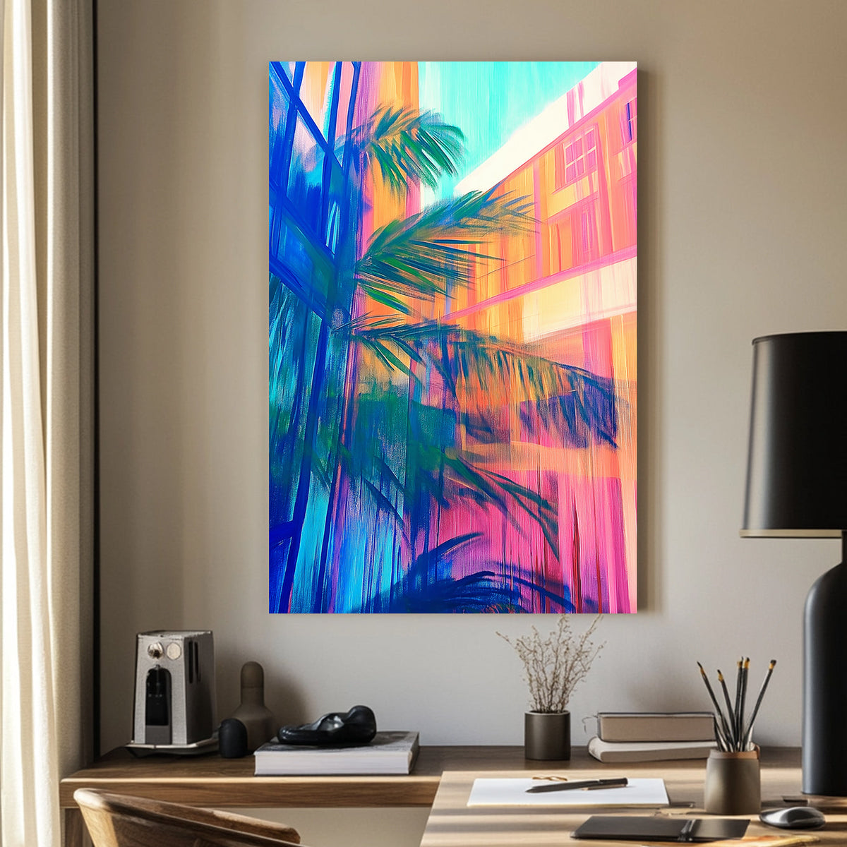 Abstract neon wall art of palm leaves reflecting against colourful city buildings and glass windows.