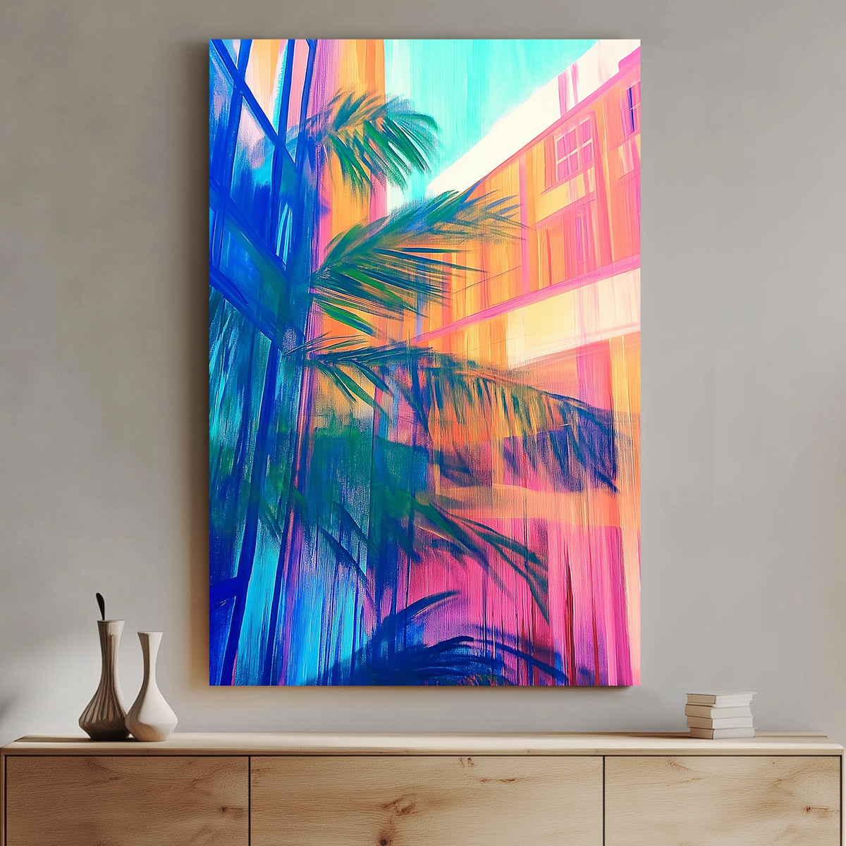 Abstract neon wall art of palm leaves reflecting against colourful city buildings and glass windows.