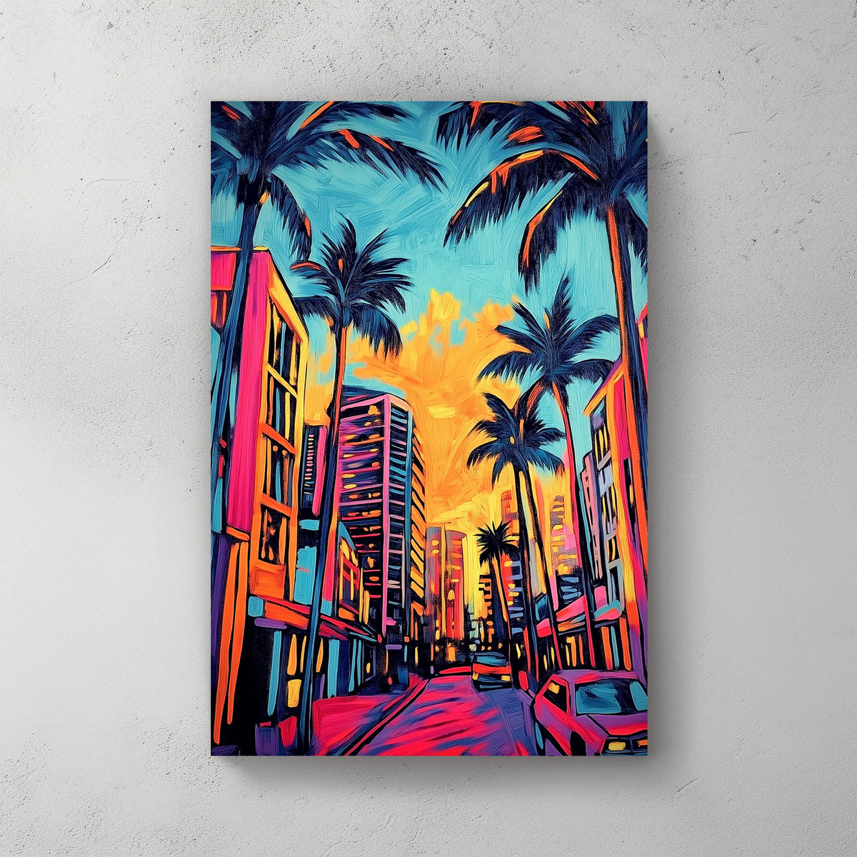 Vivid neon cityscape wall art of palm trees, glowing skyscrapers, and a sunset sky with warm, saturated hues.