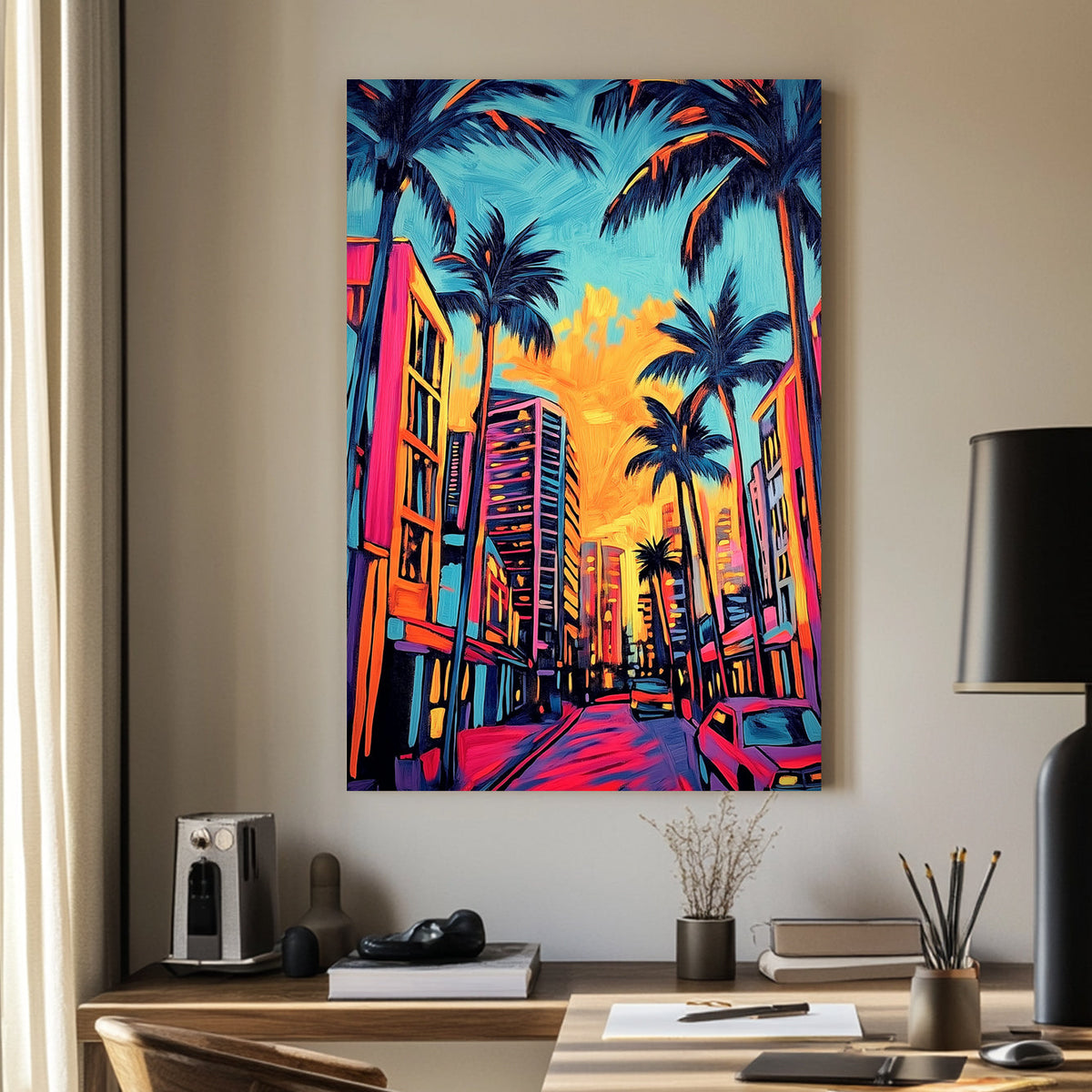 Vivid neon cityscape wall art of palm trees, glowing skyscrapers, and a sunset sky with warm, saturated hues.