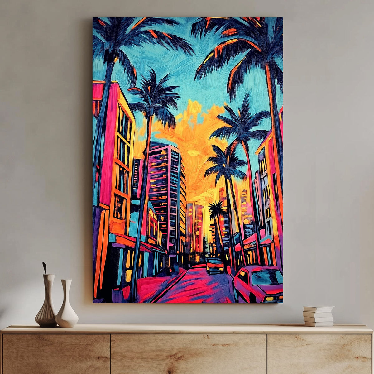 Vivid neon cityscape wall art of palm trees, glowing skyscrapers, and a sunset sky with warm, saturated hues.