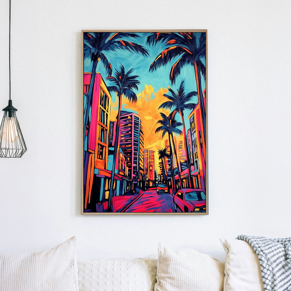 Vivid neon cityscape wall art of palm trees, glowing skyscrapers, and a sunset sky with warm, saturated hues.