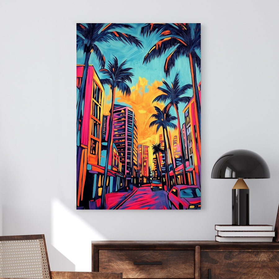 Vivid neon cityscape wall art of palm trees, glowing skyscrapers, and a sunset sky with warm, saturated hues.