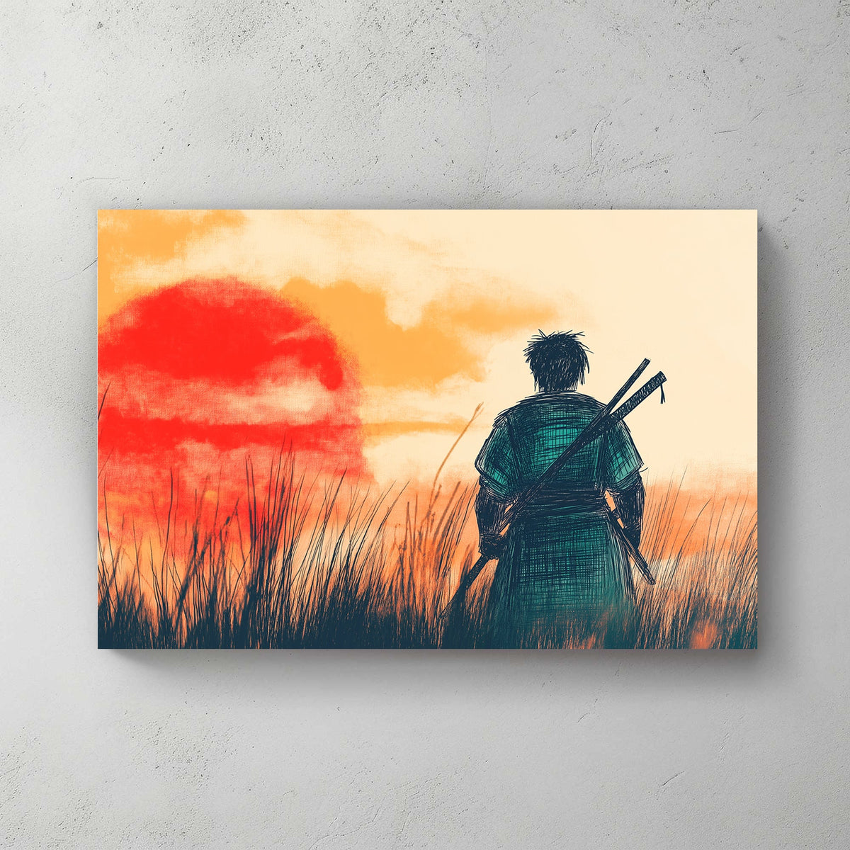 Japanese ink-style artwork of a lone samurai standing in a field at sunset, with a red sun and golden sky in the background.