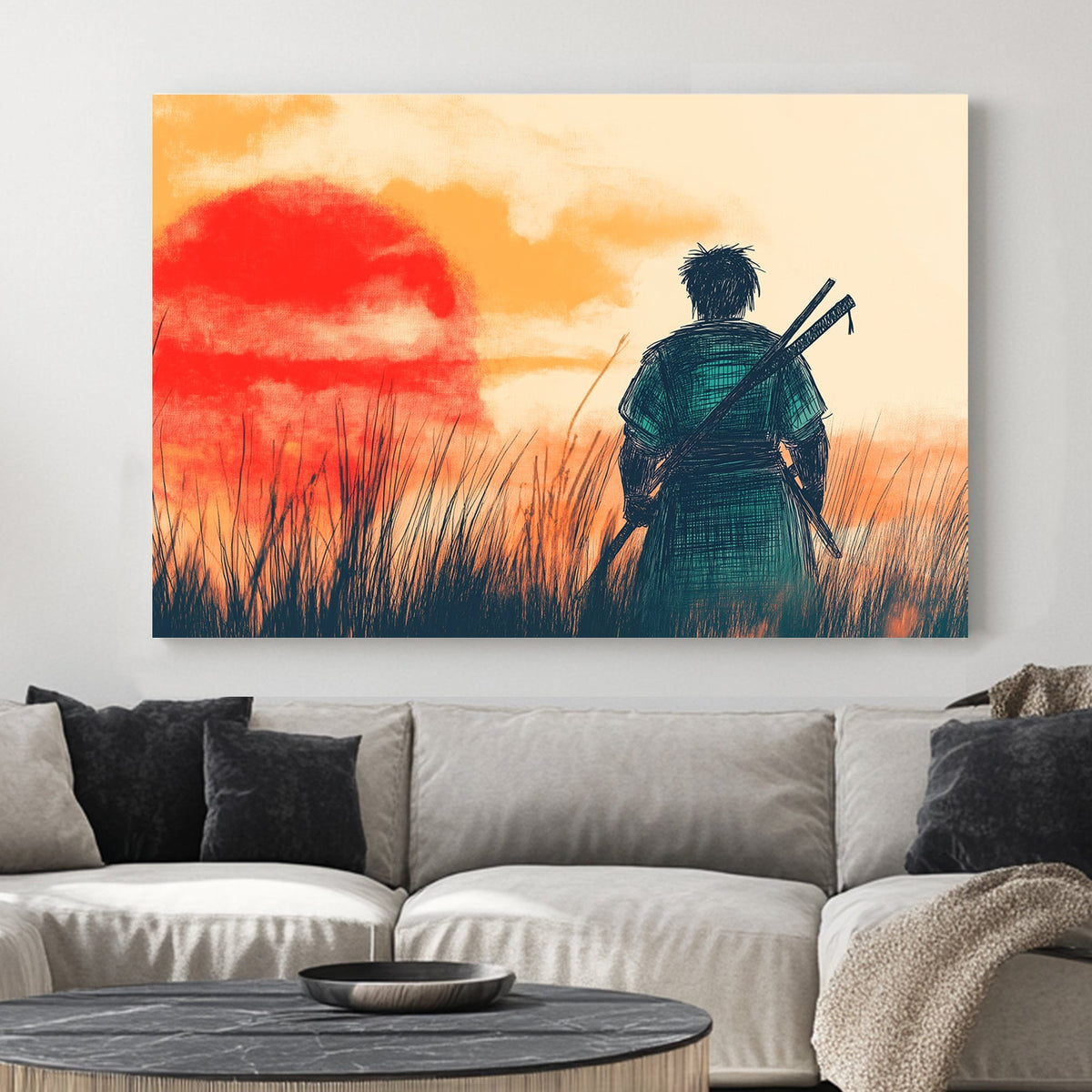 Japanese ink-style artwork of a lone samurai standing in a field at sunset, with a red sun and golden sky in the background.