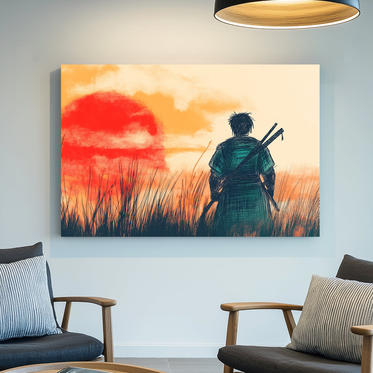 Japanese ink-style artwork of a lone samurai standing in a field at sunset, with a red sun and golden sky in the background.