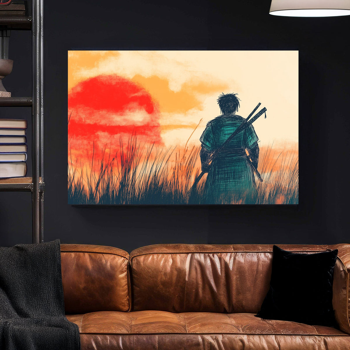 Japanese ink-style artwork of a lone samurai standing in a field at sunset, with a red sun and golden sky in the background.