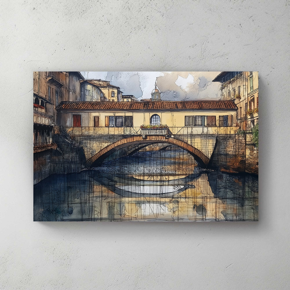Watercolour and ink artwork of an old European bridge over a river, with reflections in the water and surrounding historic buildings.