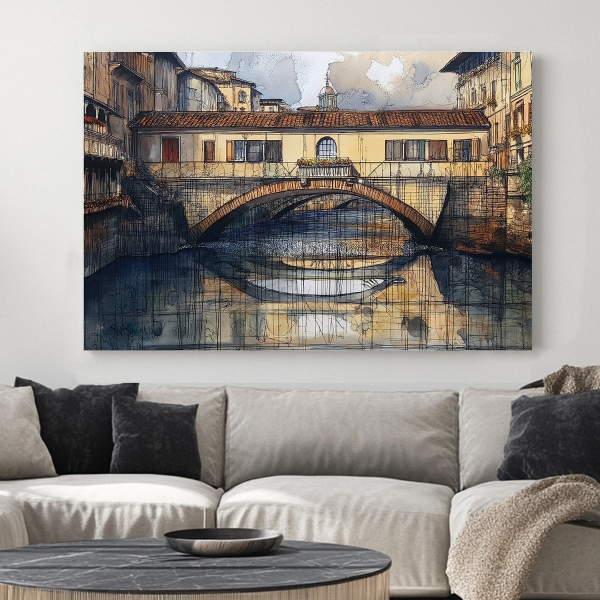 Watercolour and ink artwork of an old European bridge over a river, with reflections in the water and surrounding historic buildings.
