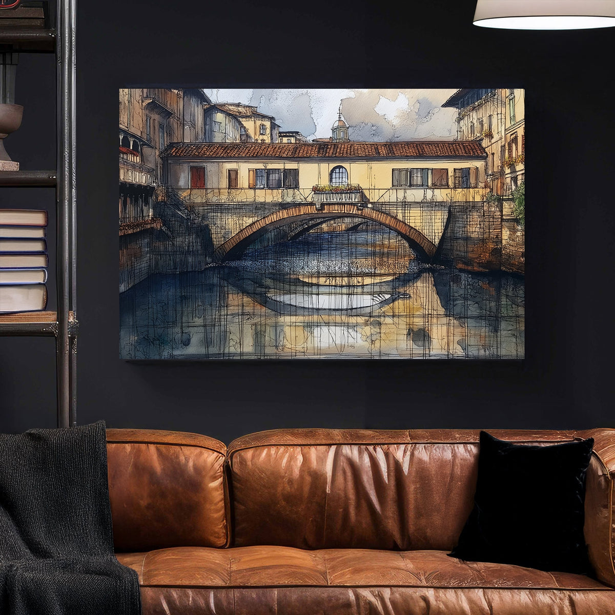 Watercolour and ink artwork of an old European bridge over a river, with reflections in the water and surrounding historic buildings.