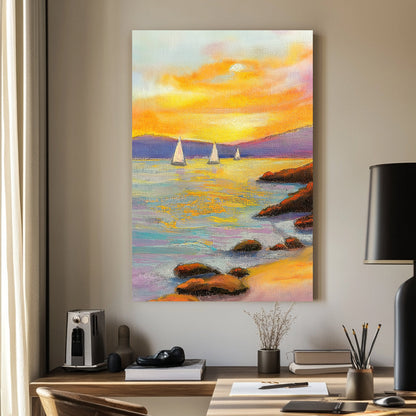 Vivid oil wall art of a sunset over the ocean, with sailboats in the distance and a rocky shoreline in the foreground.