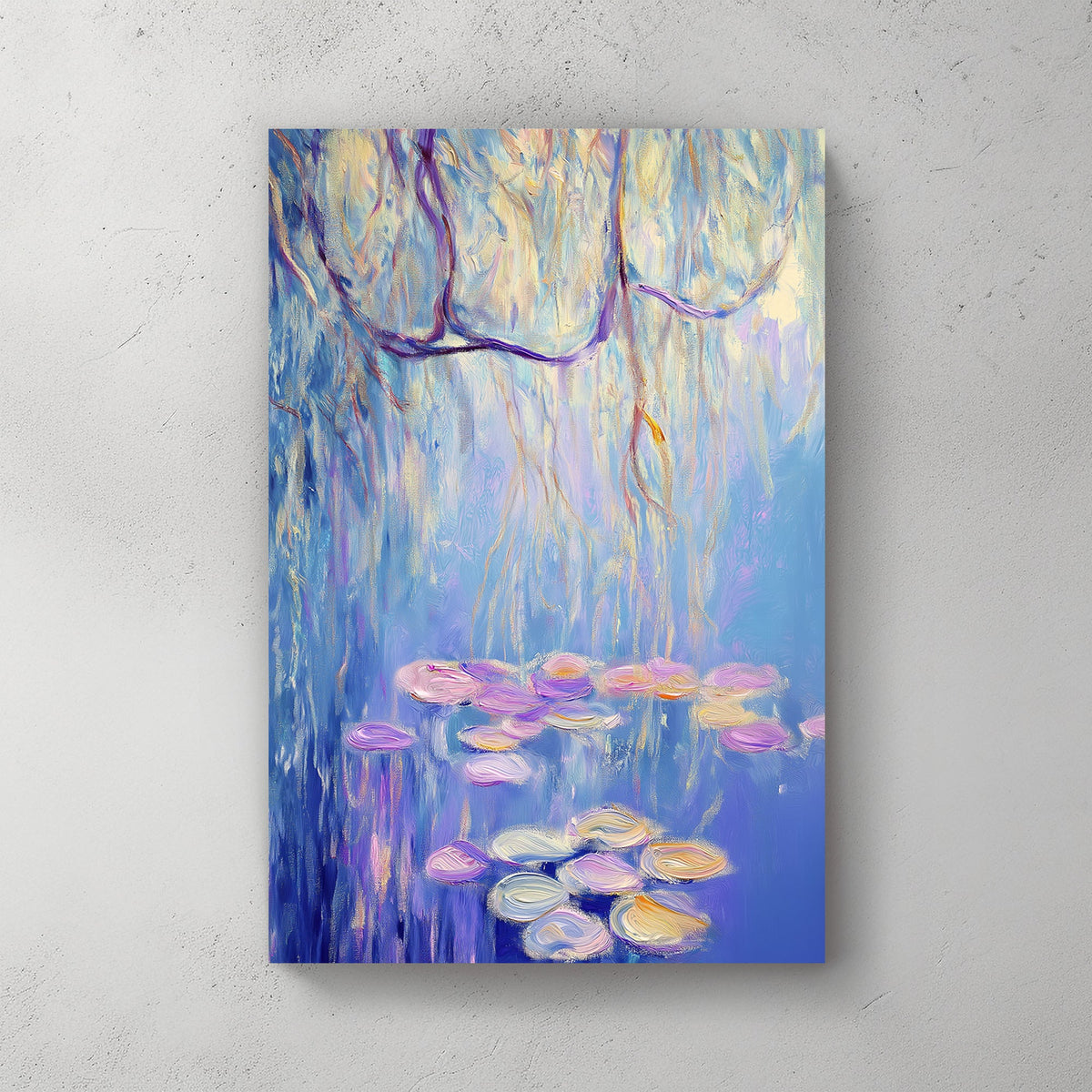 Impressionist wall art of a willow tree overhanging a pond with floating lily pads in soft blues, purples, and gold tones.