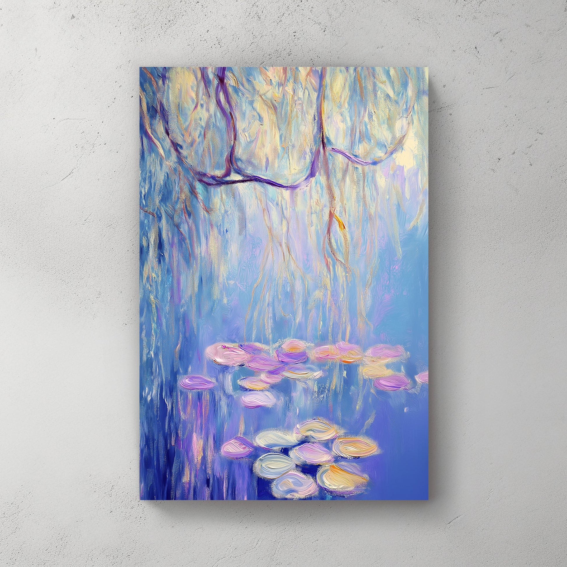 Impressionist wall art of a willow tree overhanging a pond with floating lily pads in soft blues, purples, and gold tones.