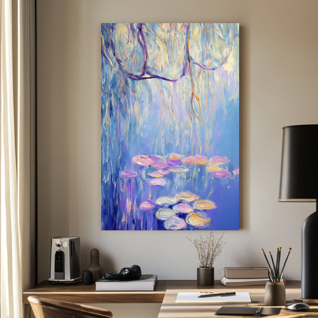 Impressionist wall art of a willow tree overhanging a pond with floating lily pads in soft blues, purples, and gold tones.