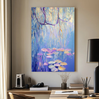 Impressionist wall art of a willow tree overhanging a pond with floating lily pads in soft blues, purples, and gold tones.