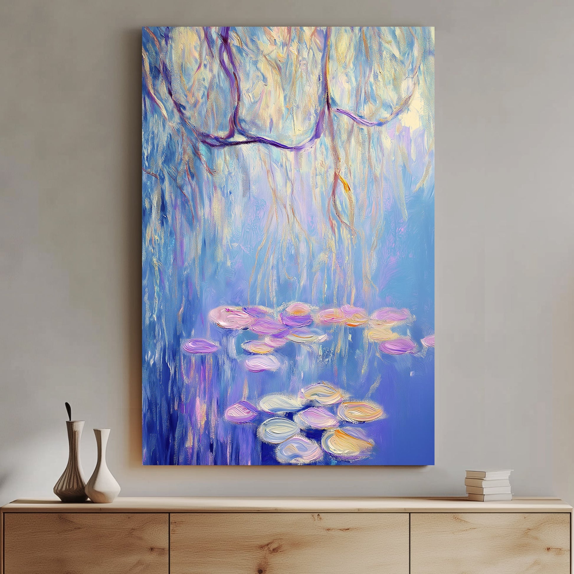 Impressionist wall art of a willow tree overhanging a pond with floating lily pads in soft blues, purples, and gold tones.