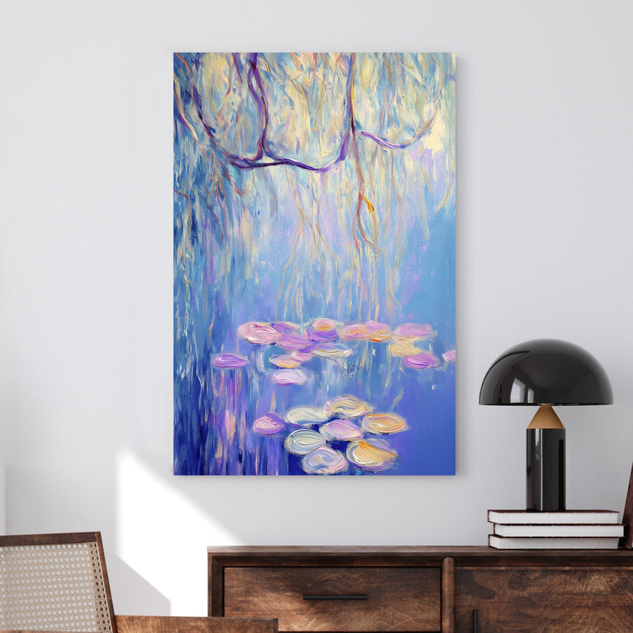 Impressionist wall art of a willow tree overhanging a pond with floating lily pads in soft blues, purples, and gold tones.