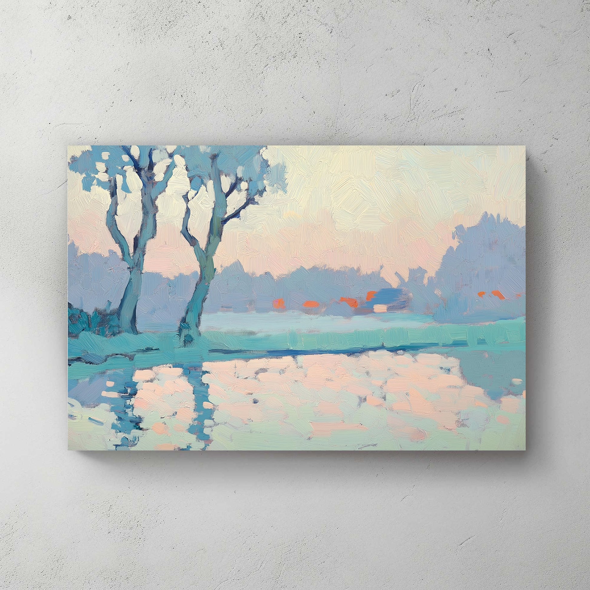 Impressionist wall art of trees reflecting on a calm lake at sunrise, in soft blue, peach, and pastel tones.