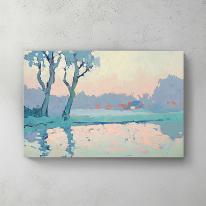 Impressionist wall art of trees reflecting on a calm lake at sunrise, in soft blue, peach, and pastel tones.