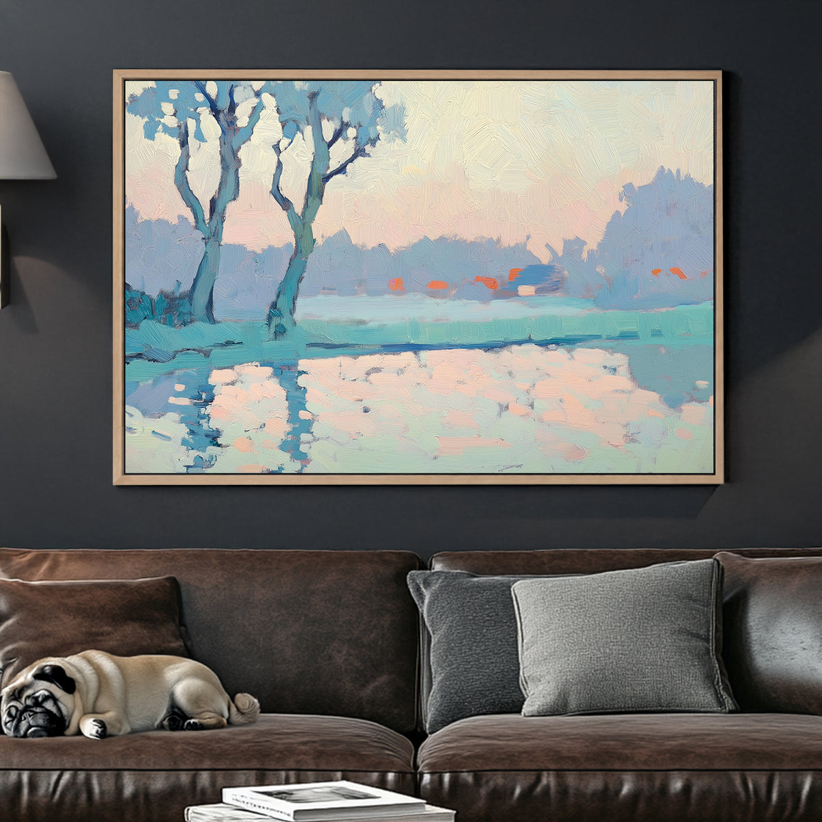Impressionist wall art of trees reflecting on a calm lake at sunrise, in soft blue, peach, and pastel tones.