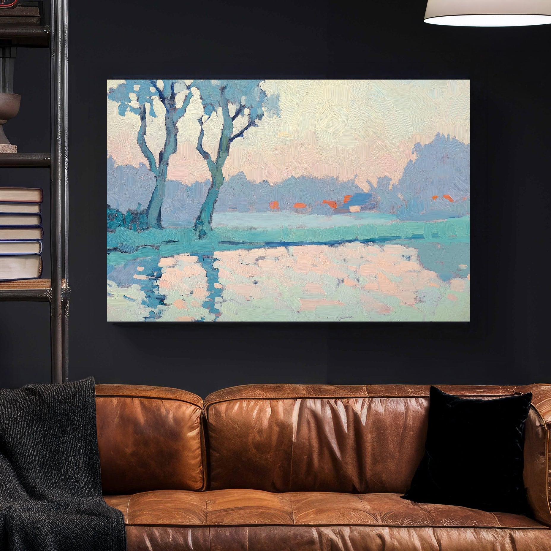 Impressionist wall art of trees reflecting on a calm lake at sunrise, in soft blue, peach, and pastel tones.