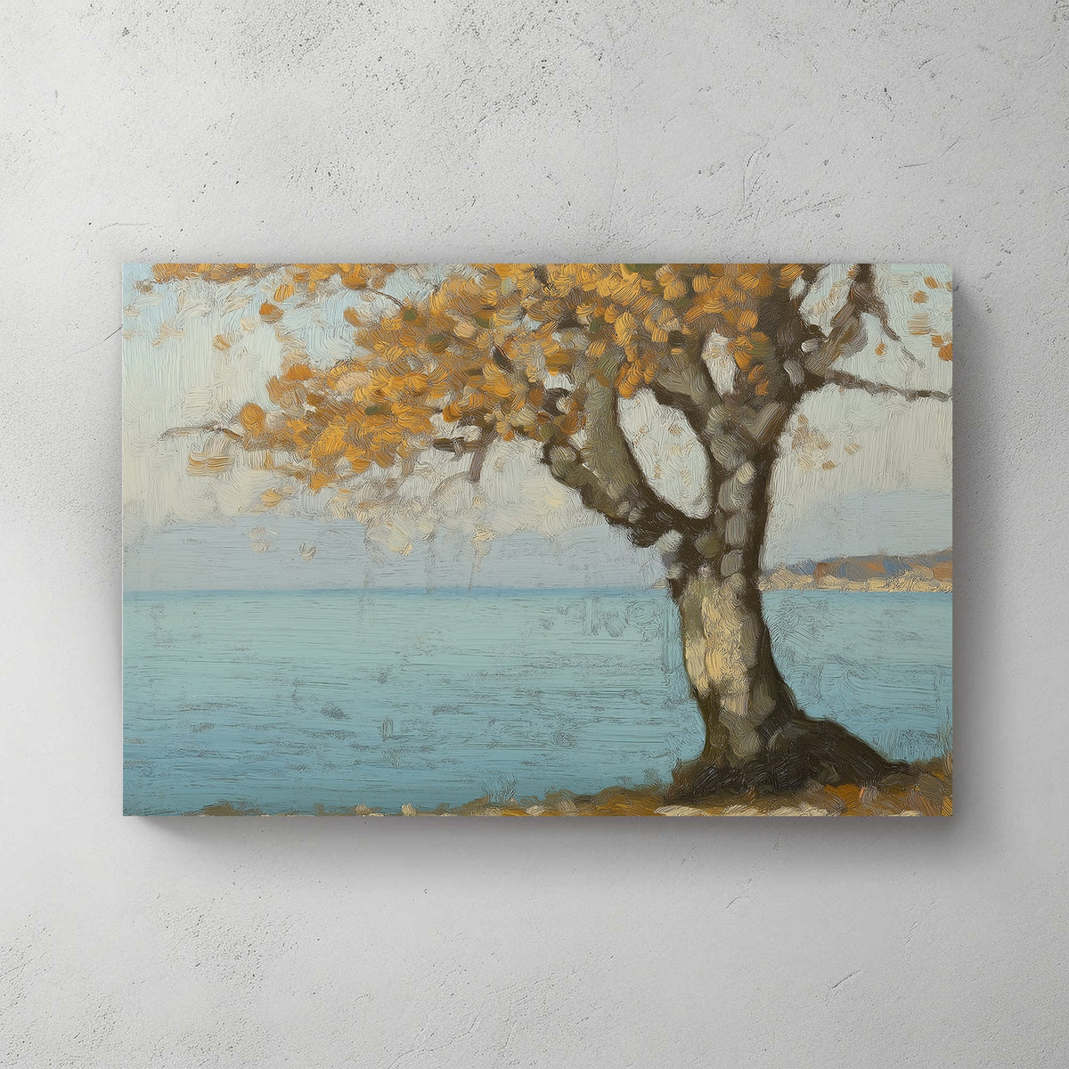 Oil wall art of a golden autumn tree by a peaceful blue shoreline, with textured brushstrokes creating depth and warmth.