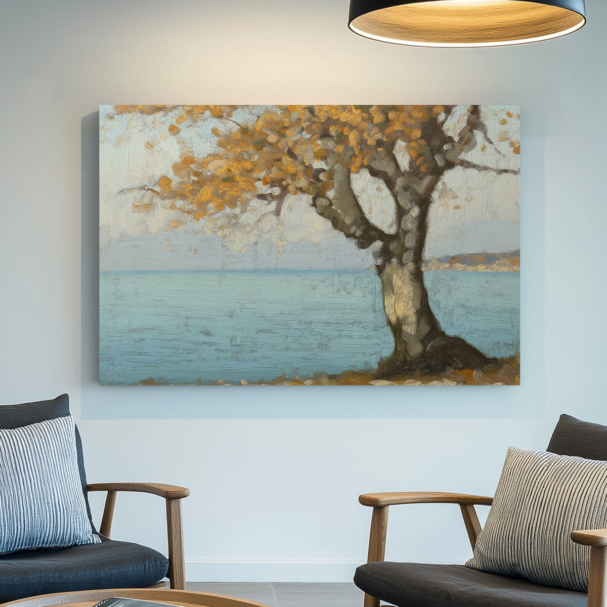 Oil wall art of a golden autumn tree by a peaceful blue shoreline, with textured brushstrokes creating depth and warmth.