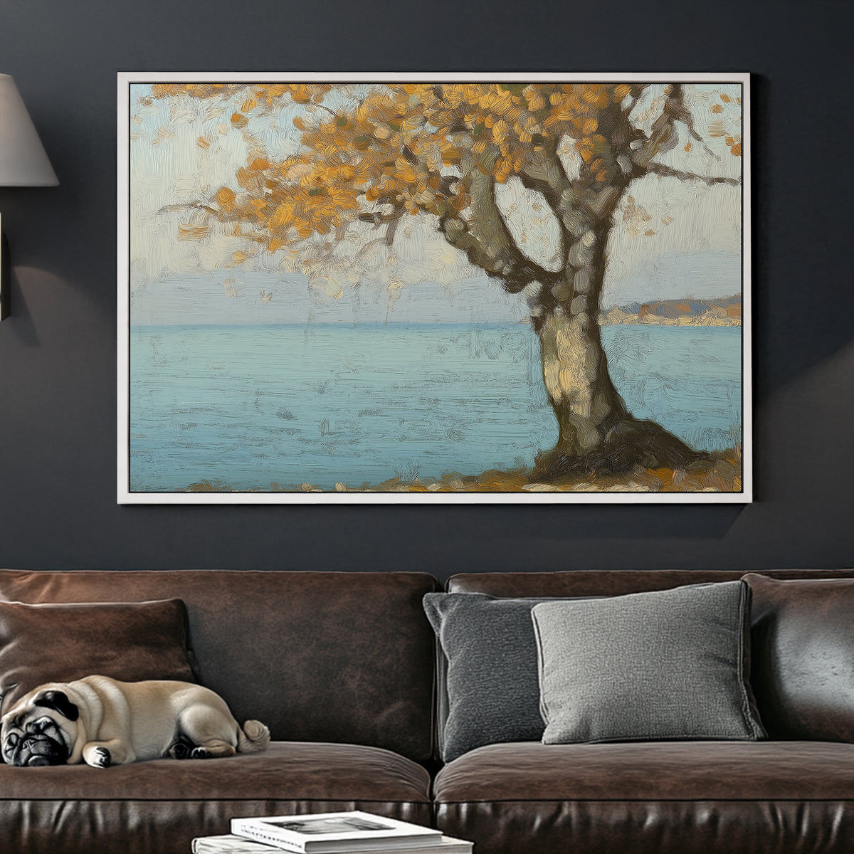 Oil wall art of a golden autumn tree by a peaceful blue shoreline, with textured brushstrokes creating depth and warmth.