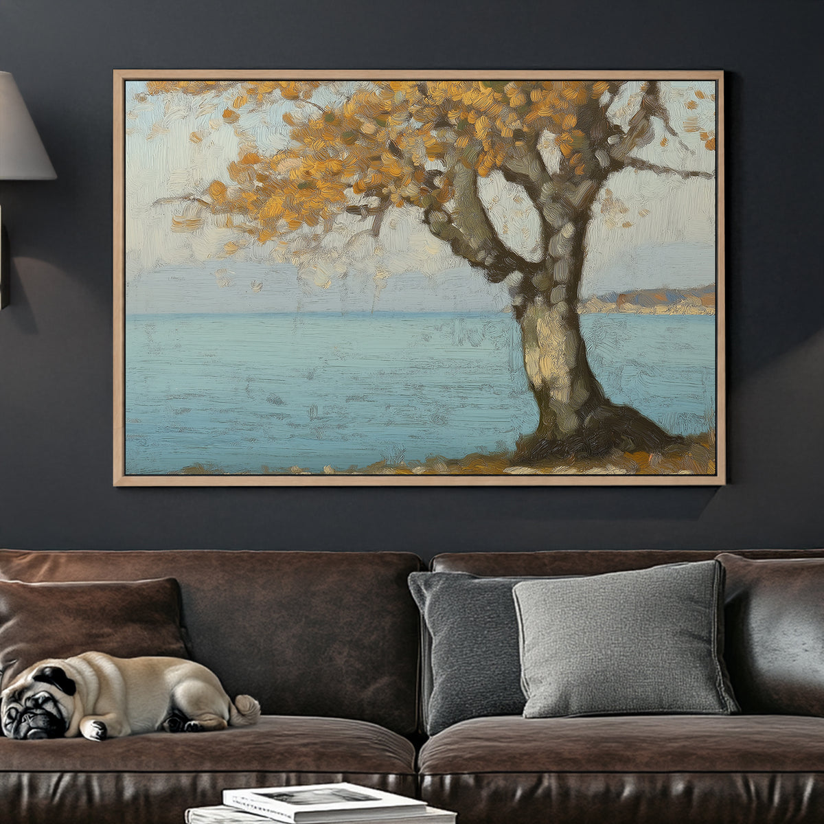 Oil wall art of a golden autumn tree by a peaceful blue shoreline, with textured brushstrokes creating depth and warmth.
