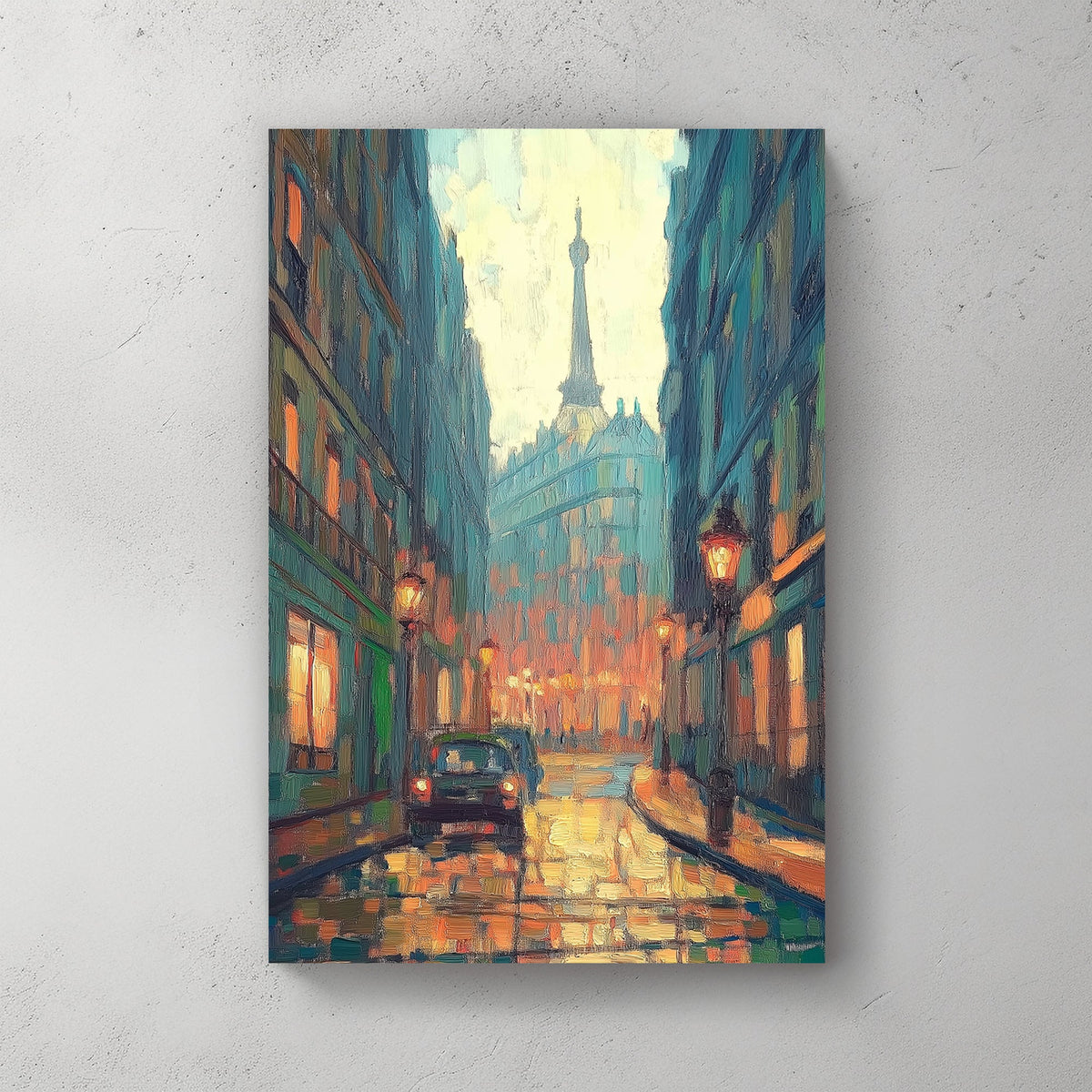 Oil wall art of a rainy Paris street at dusk, with glowing streetlights reflecting off the wet cobblestones and the Eiffel Tower in the distance.