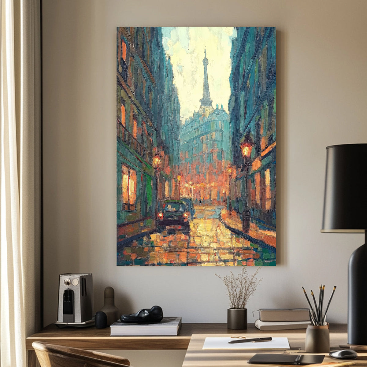 Oil wall art of a rainy Paris street at dusk, with glowing streetlights reflecting off the wet cobblestones and the Eiffel Tower in the distance.