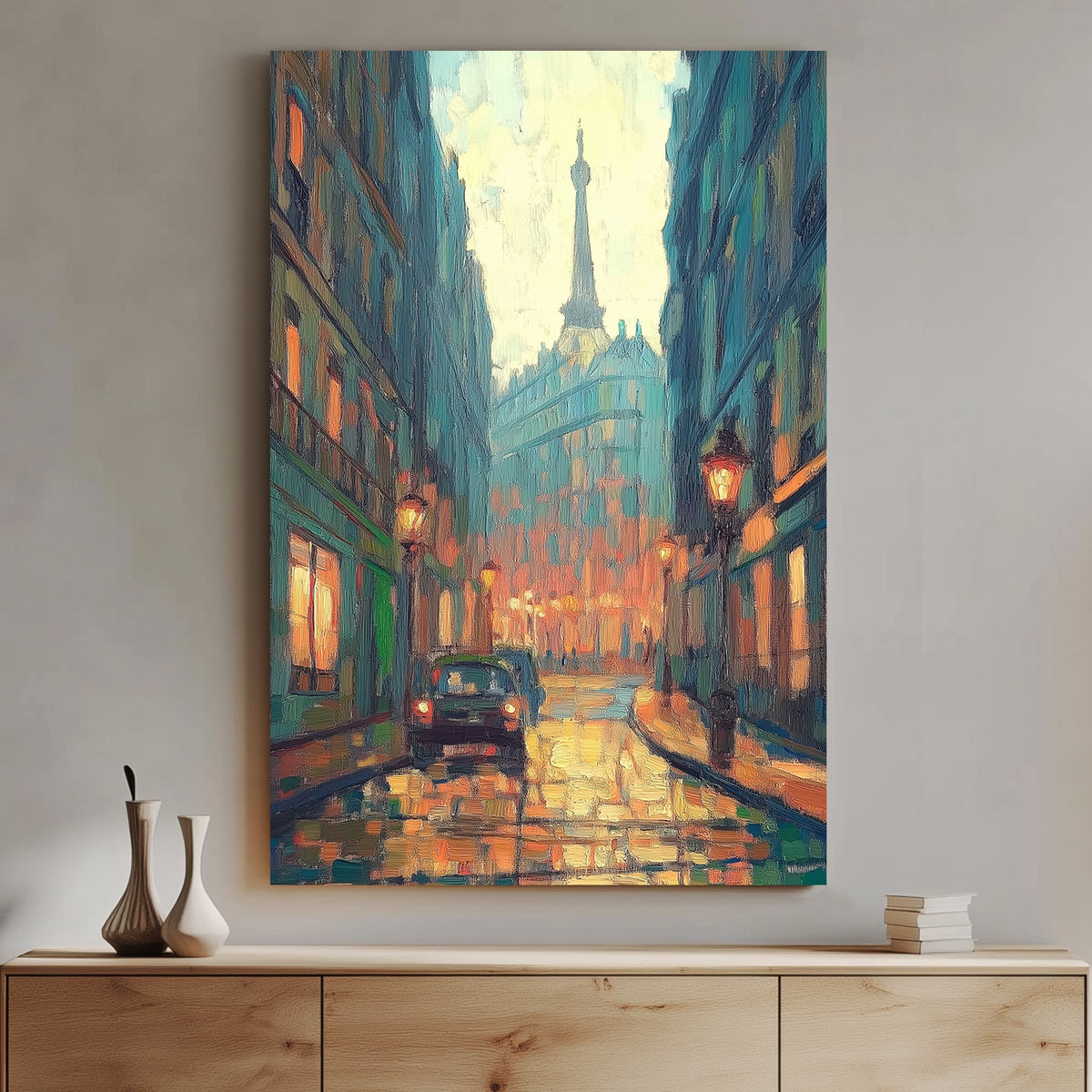 Oil wall art of a rainy Paris street at dusk, with glowing streetlights reflecting off the wet cobblestones and the Eiffel Tower in the distance.